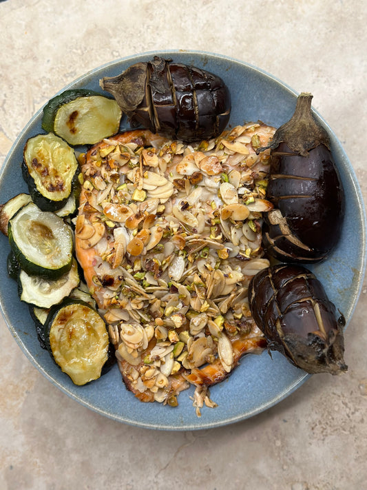 grilled courgette, grilled aubergine, fresh salmon with a crunchy almond and pistachio crust. 