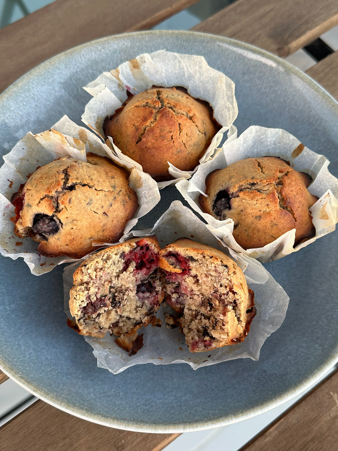 sourdough oat muffins with added protein, mixed berries and chocolate 