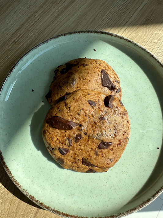 buckwheat chocolate chip cookies made with sourdough discard. refined sugar and dairy free